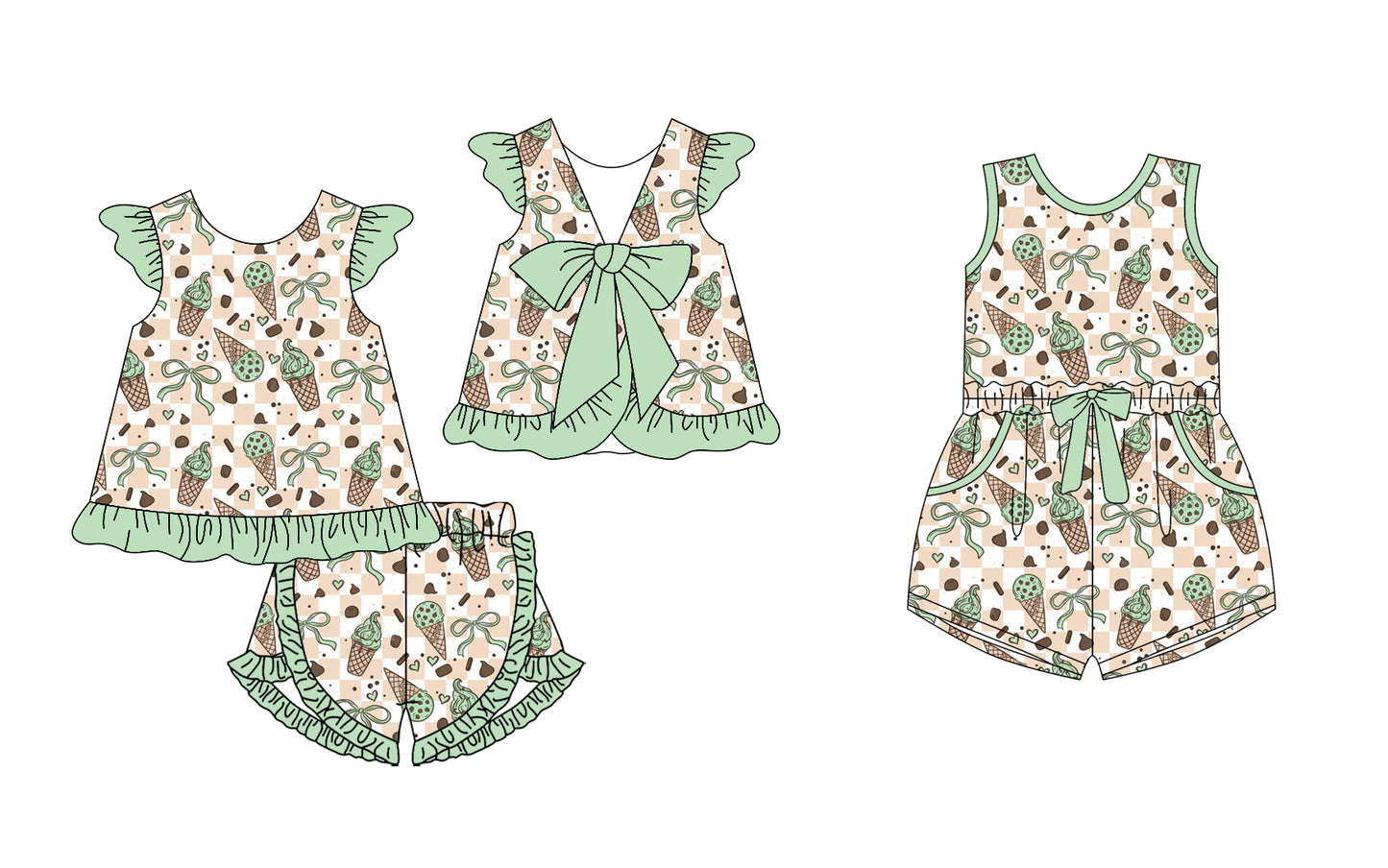 4.19 custom each style moq 5eta 4-6week Sibling Sister ice cream bow baby girl short sleeve shorts sets and jumpsuit match design