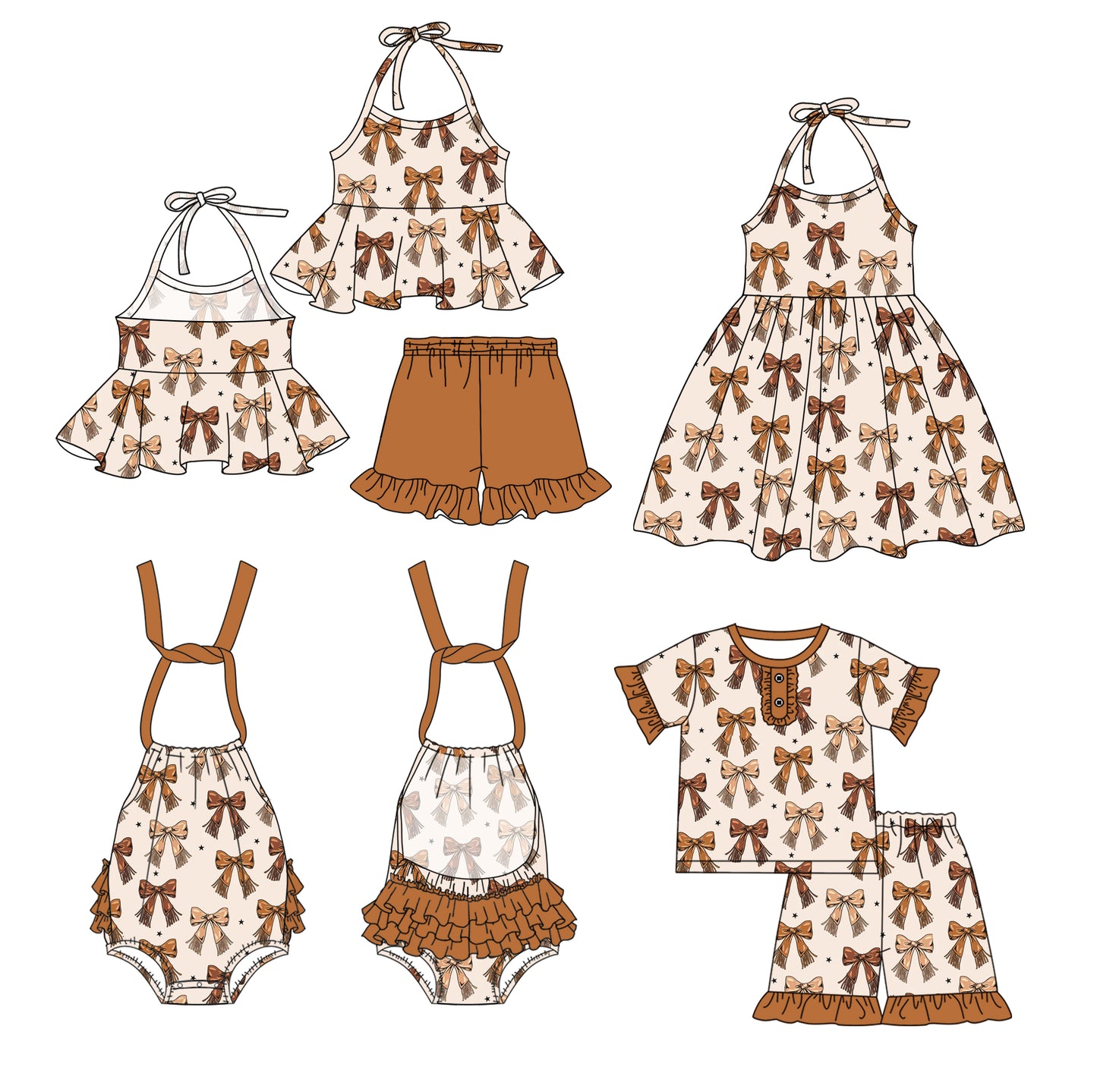 3.3 custom each style moq 5eta 4-6week Sibling Sister bow baby girl short sleeve shorts sets and sets 2 and boy romper and dress match design