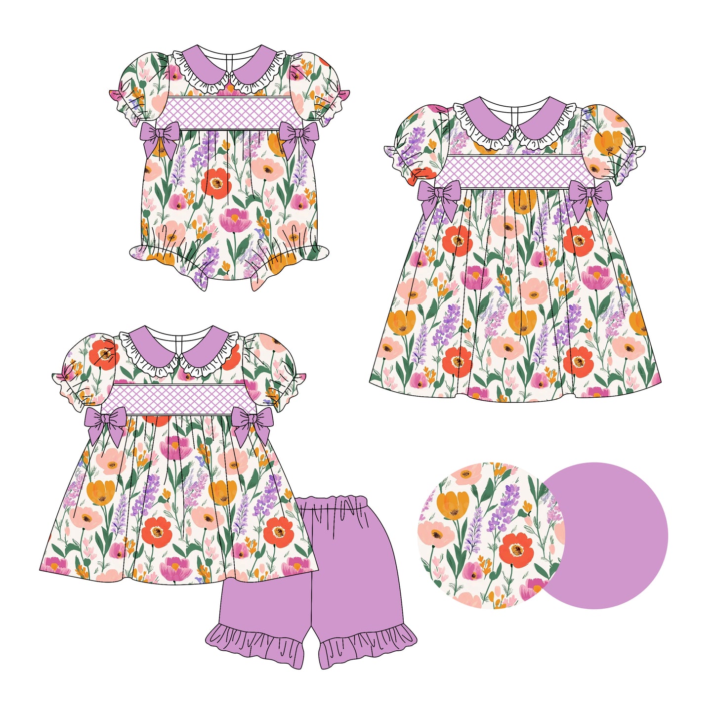 3.14 custom each style moq 5eta 4-6week Sibling Sisters floral baby girl short sleeve shorts sets and dress and rompers match family design