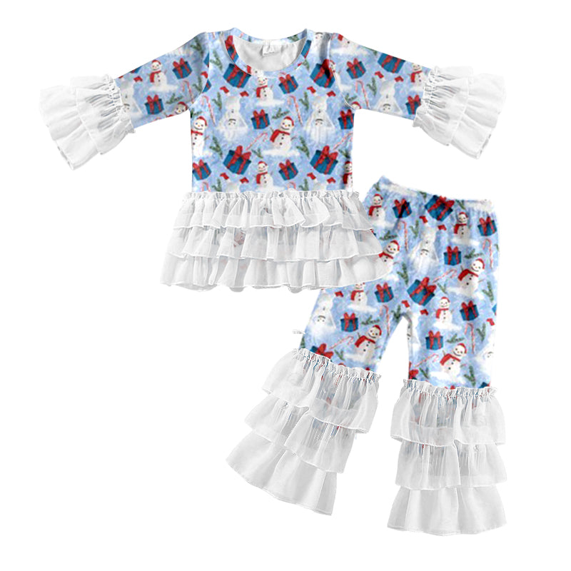 8.3 custom each style moq 5eta 4-6week baby girls clothes Snowman blue long sleeve pants sets