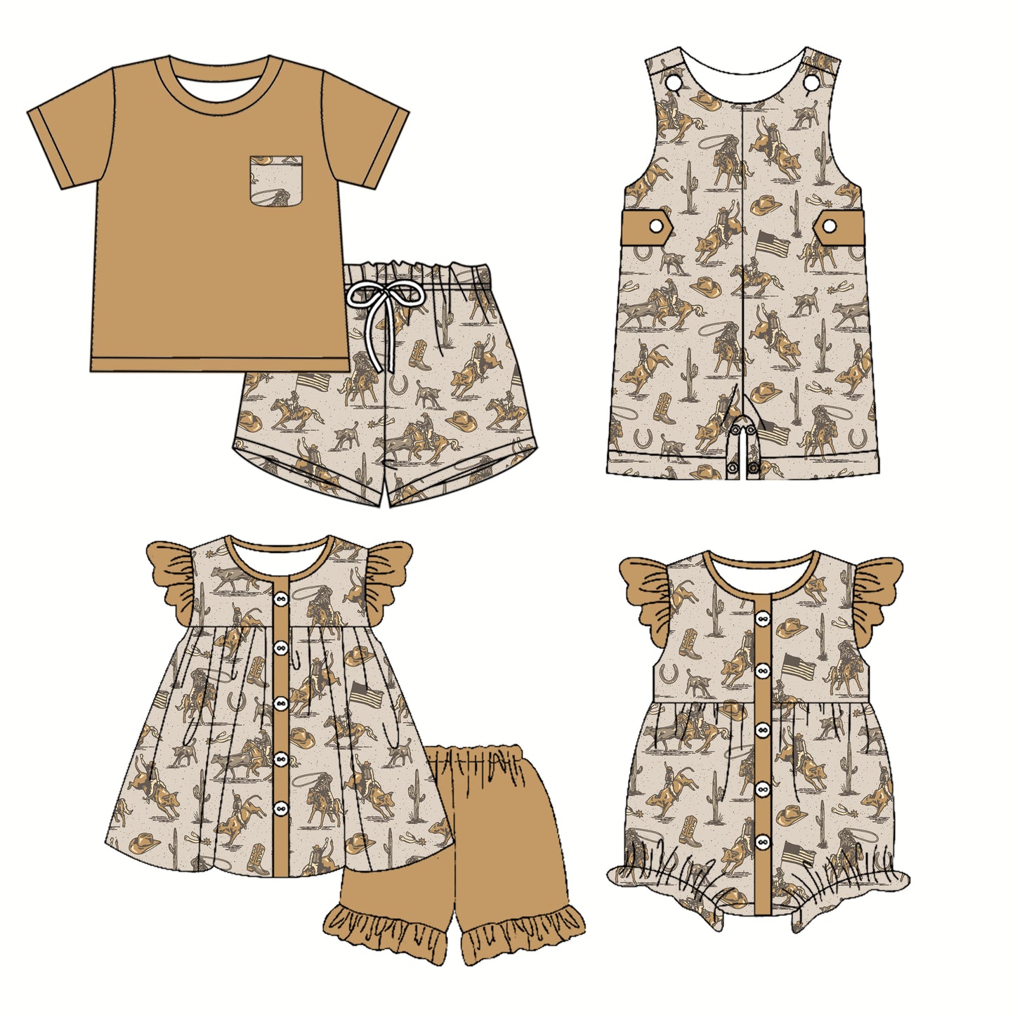 3.1 custom each style moq 5eta 4-6week Sibling Sister riding horse baby girl short sleeve shorts sets and sets 2 and boy romper and girl romper match design