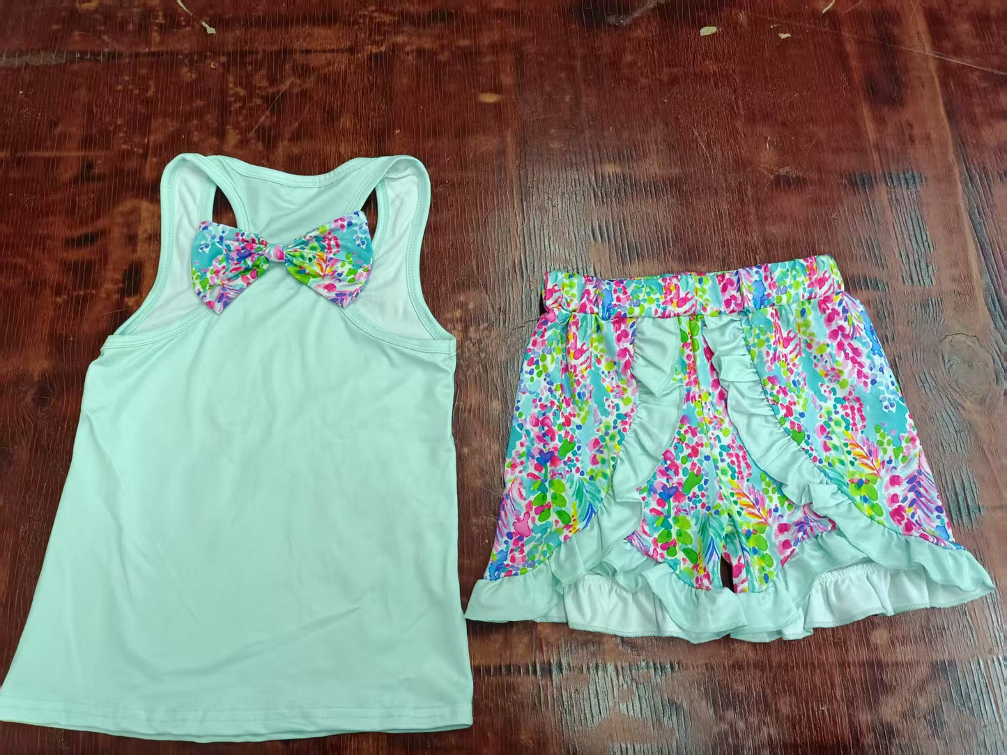 Custom moq 3 eta 6-7weeks baby girls clothes leopard bow teal sleeveless shorts sets