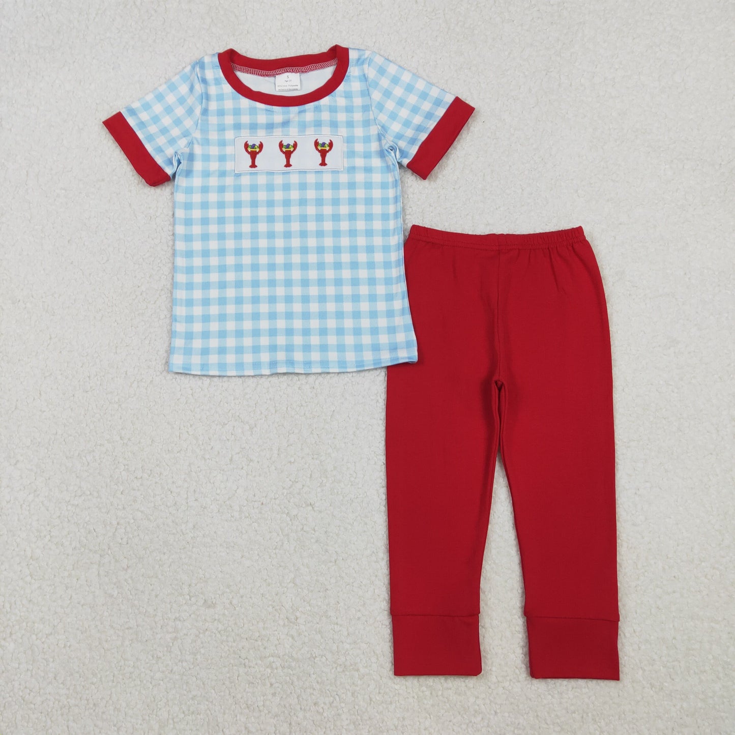 RTS NO MOQ(In Stock) BSPO0602 Embroidered Carnival Lobster Blue and White Plaid Short-Sleeved Red Trousers Set