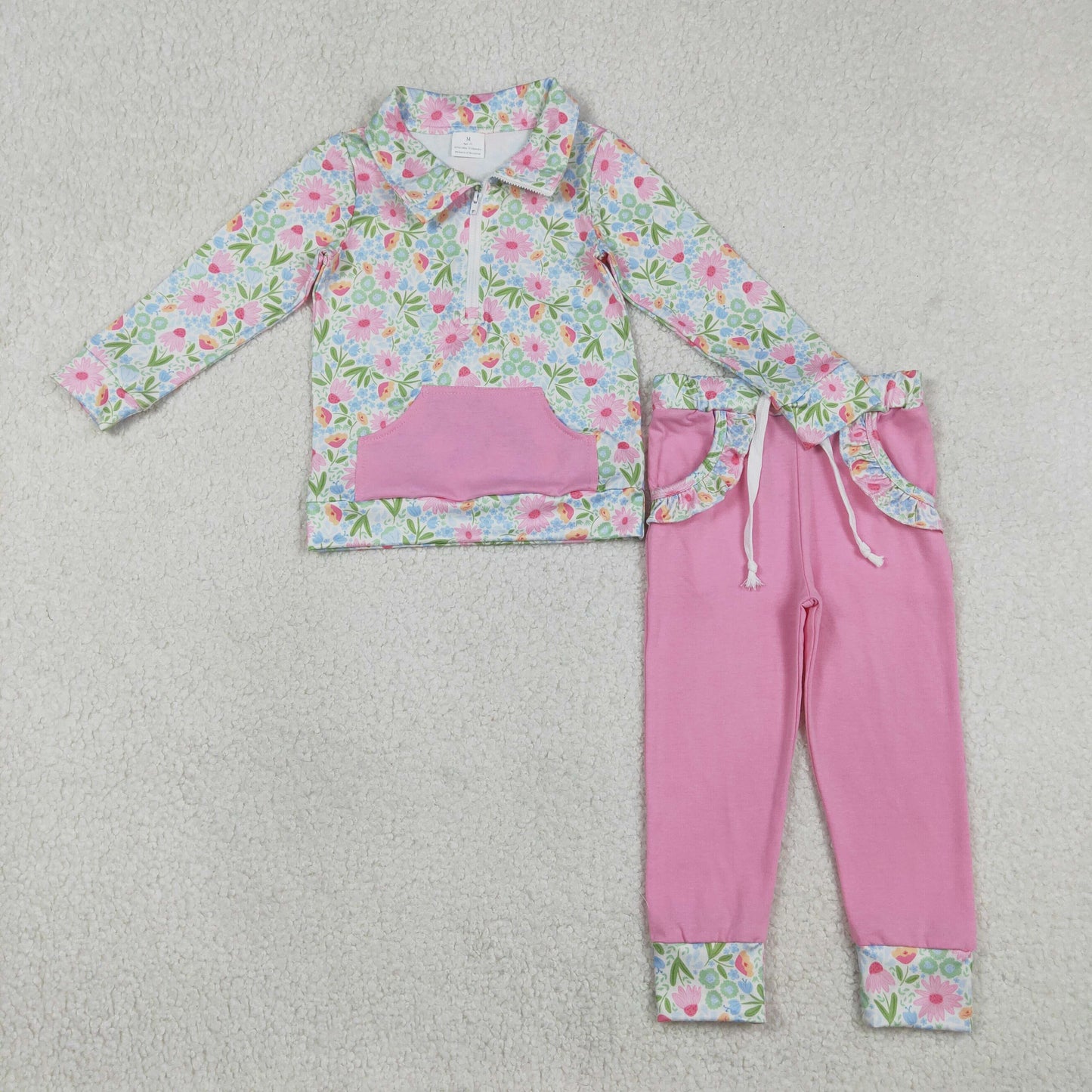 RTS NO MOQ(In Stock) GLP3282 Blue Flower and Leaf Pink Pocket Zipper Long-Sleeved Pants Set