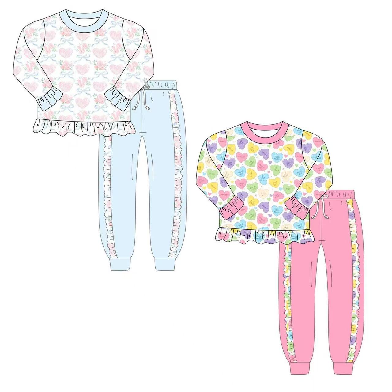 Custom moq 5 each style eta 6-7weeks baby girl clothes love long sleeve pants sets 1 and sets 2-25.8.9