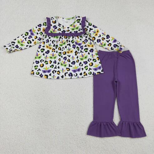 RTS NO MOQ Sibling Baby Girls Mardi Gras Bow Leopard Print Tunic Ruffle Pants Outfit Set for Infants