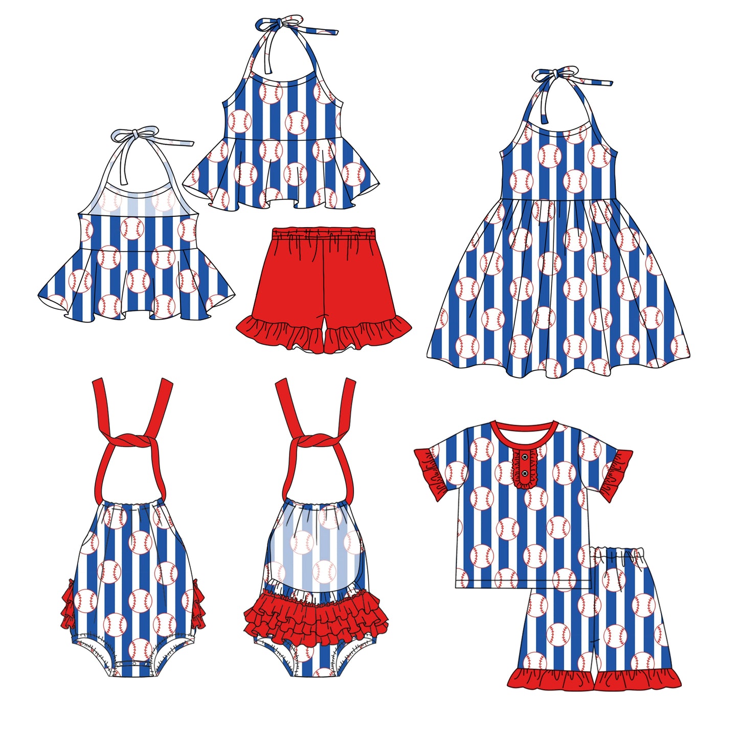 3.3 custom each style moq 5eta 4-6week Sibling Sister baseball baby girl short sleeve shorts sets and sets 2 and boy romper and dress match design