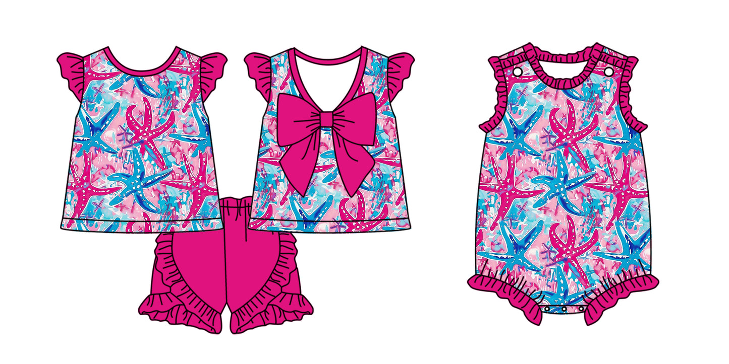 2.10 custom each style moq 5eta 4-6week Sibling Sister baby girls short sleeve shorts sets and romper match design