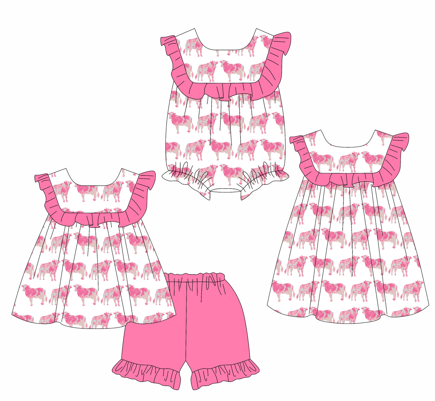 2.28 custom each style moq 5eta 4-6week Sibling Sister cow baby girl short sleeve shorts sets and dress and rompers match family design