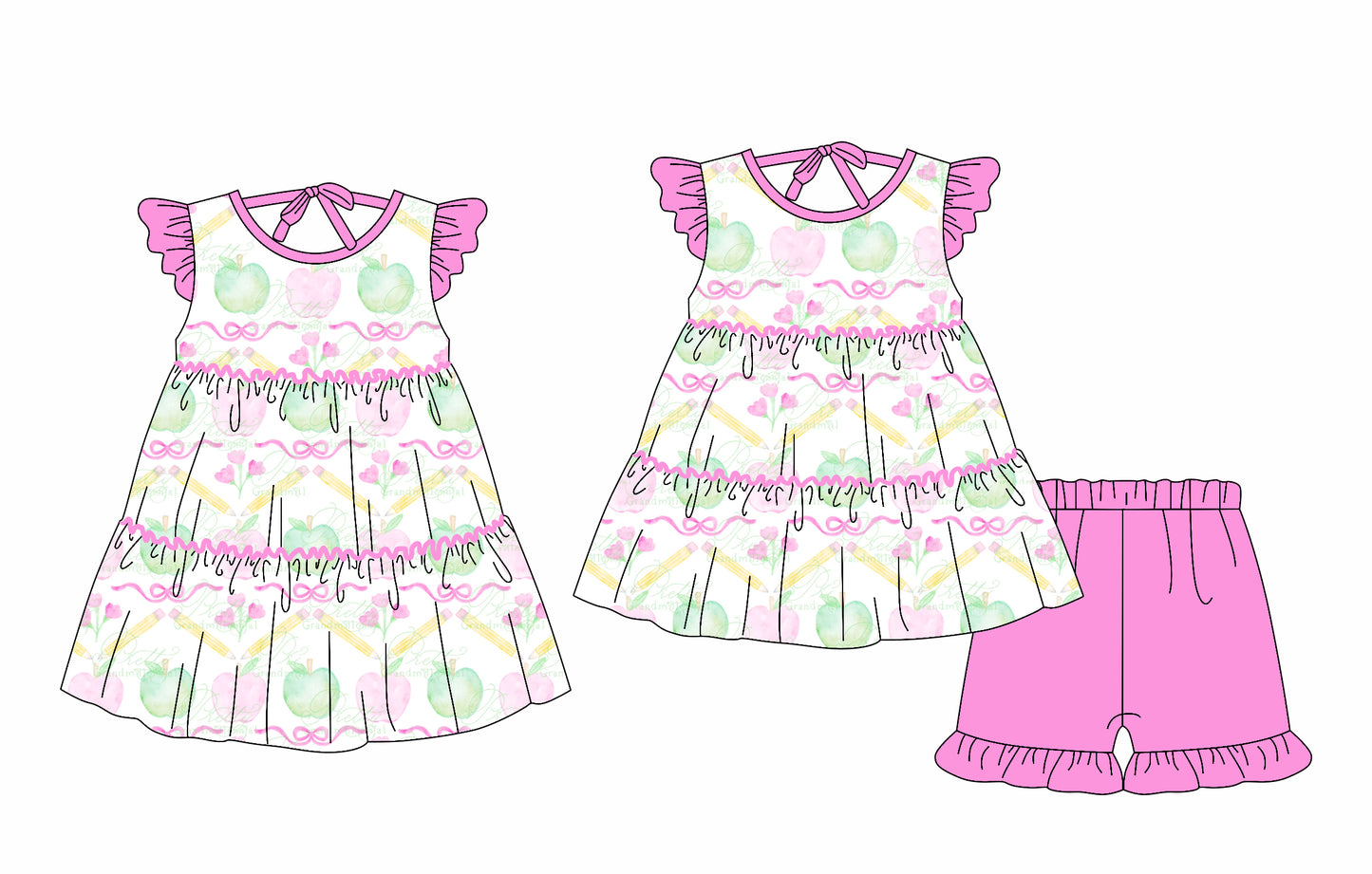 2.18 custom each style moq 5eta 4-6week Sibling Sister apple baby girl short sleeve shorts sets and dresses match design