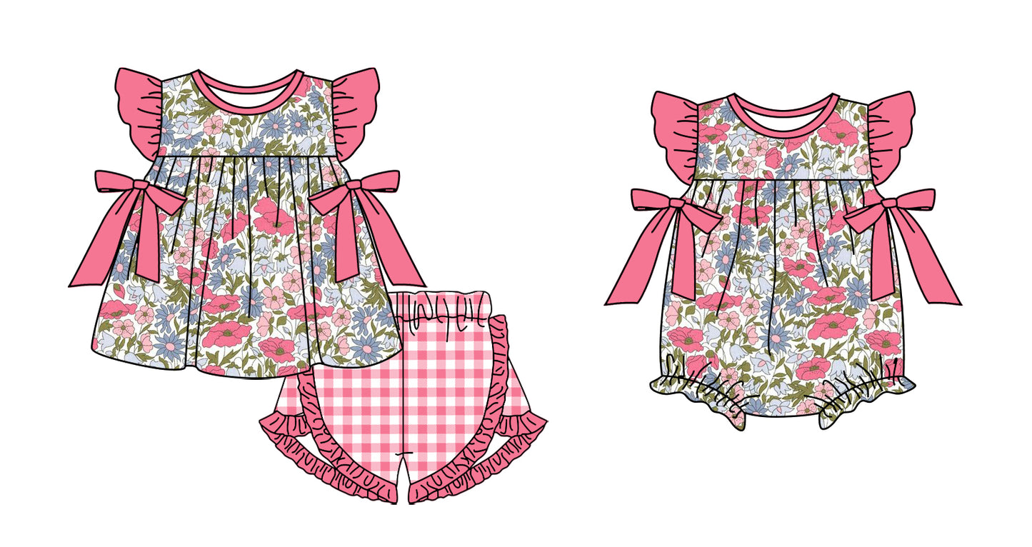 11.3 custom each style moq 5eta 4-6week Sibling Sister floral pink baby girl short sleeve shorts sets and rompers match design