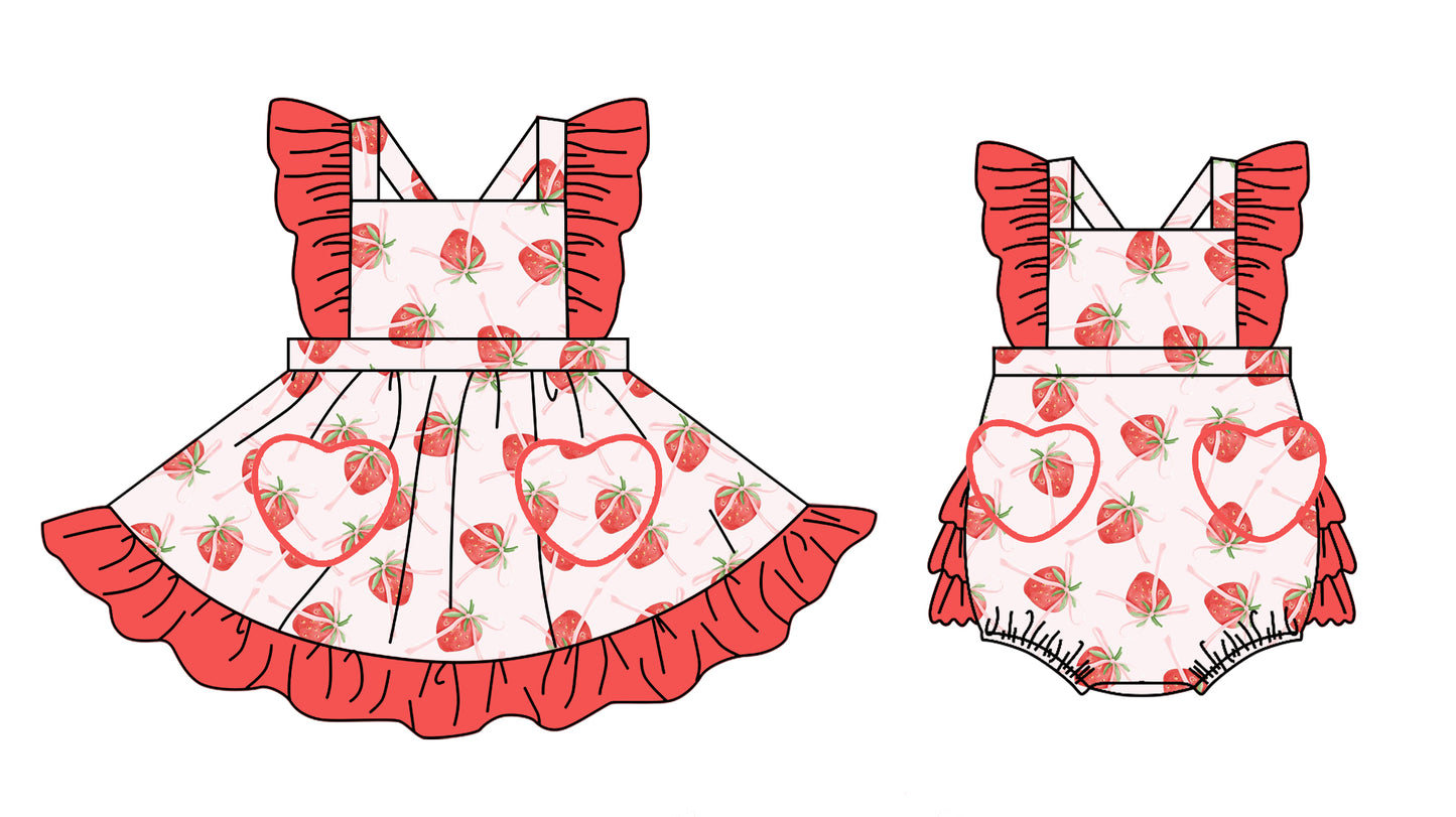 11.11 custom each style moq 5eta 4-6week Sibling Sister strawberry baby girl short sleeve dress and rompers match family design