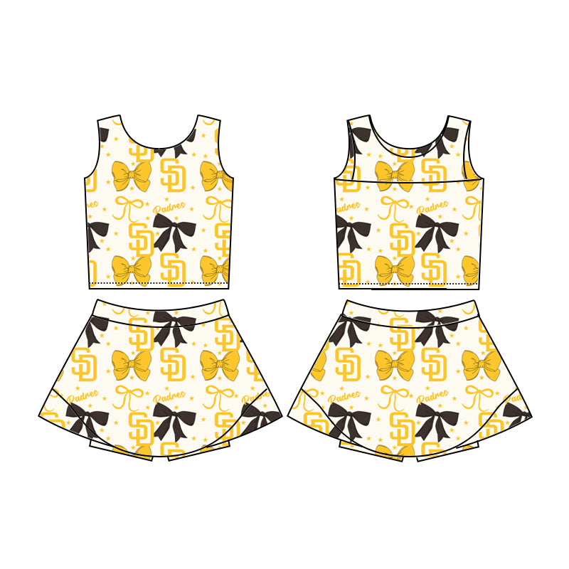 Custom moq 5 mix sizes summer teams baby girls clothes team bow yellow sleeveless skirts shorts sets-25.6.20