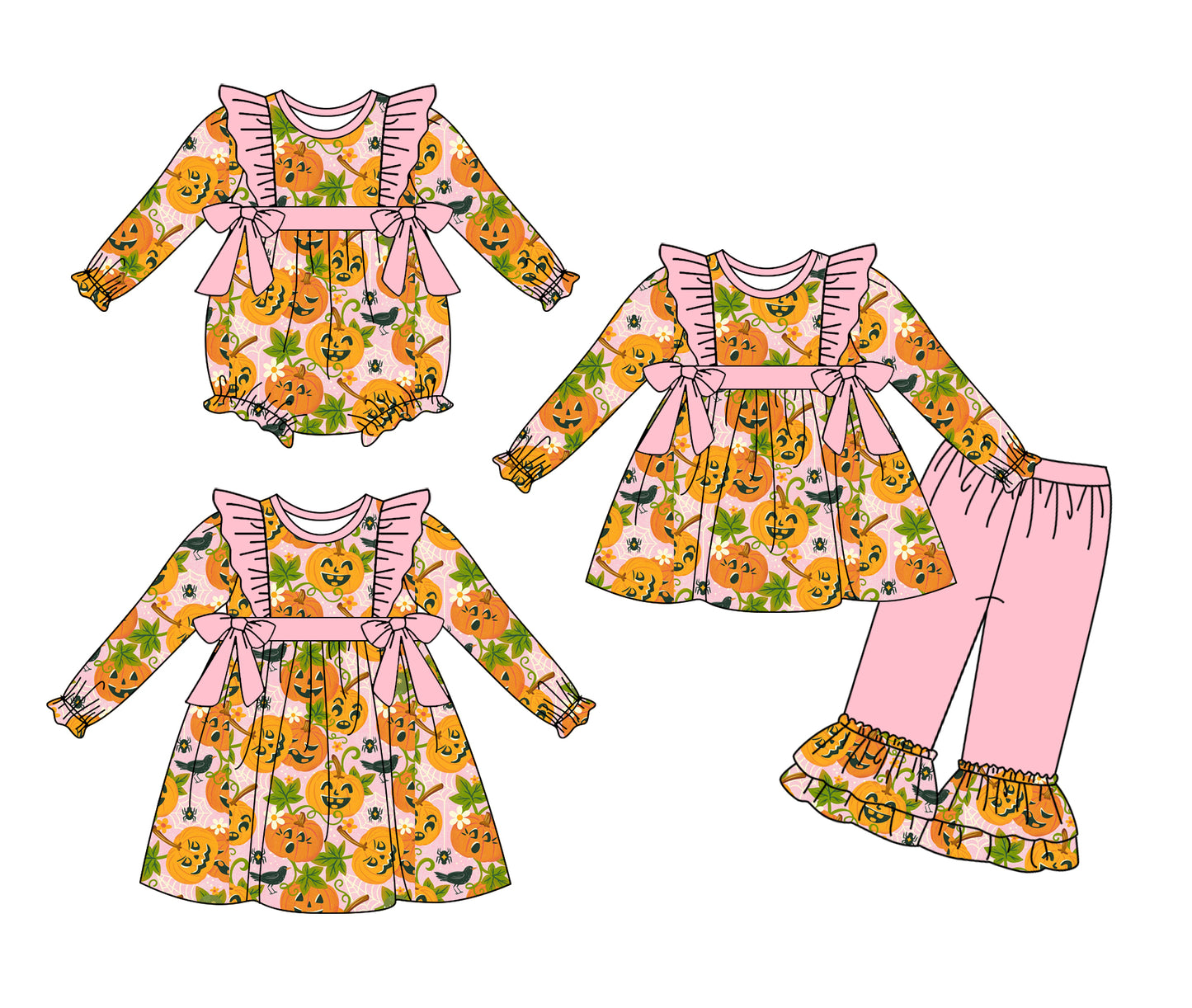 25.7.1 custom each style moq 5eta 4-6week Sibling Sisters halloween baby girl long sleeve pants sets and dress and rompers match family design