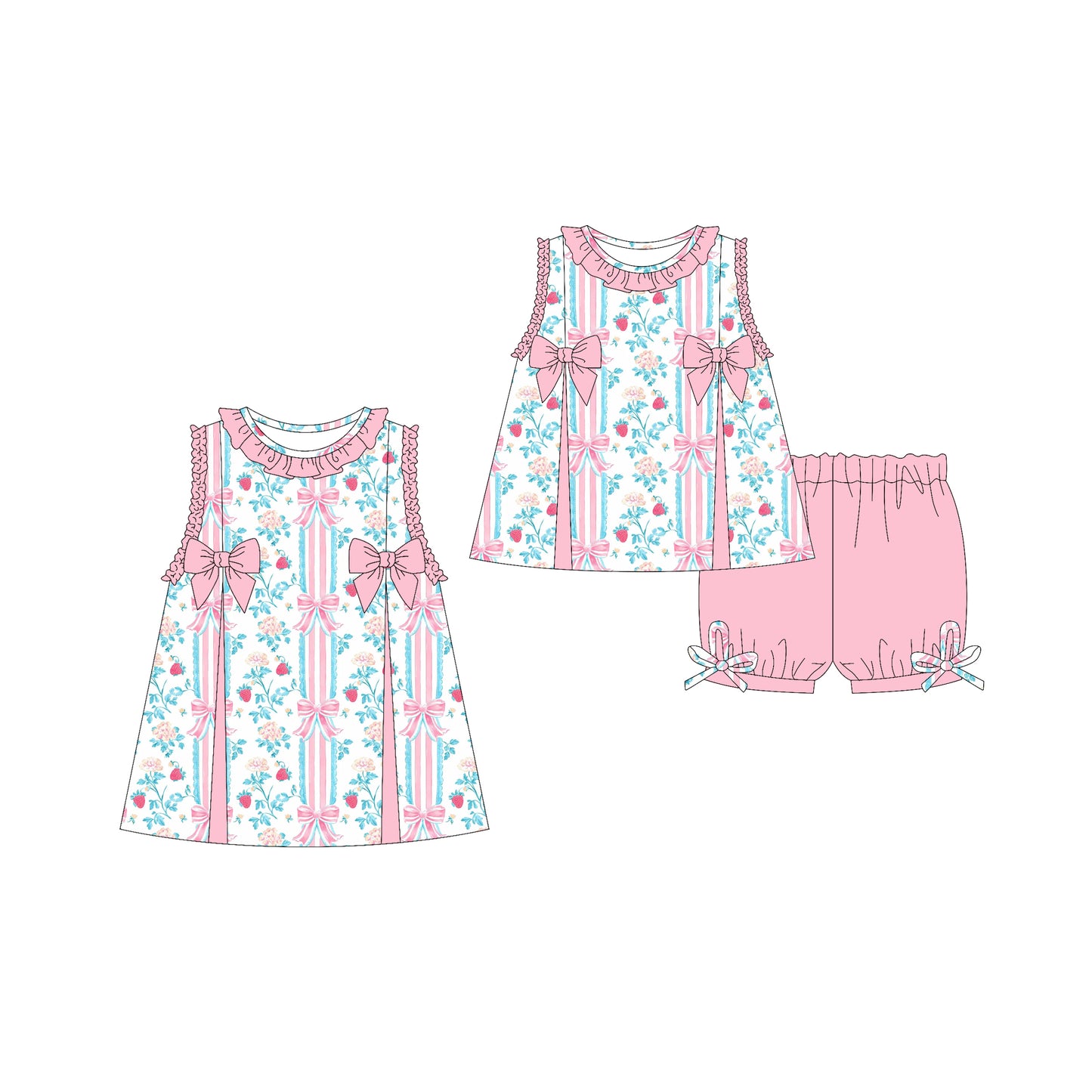 3.22 custom each style moq 5eta 4-6week Sibling Sister bow starwberry floral baby girl short sleeve shorts sets and dresses match design