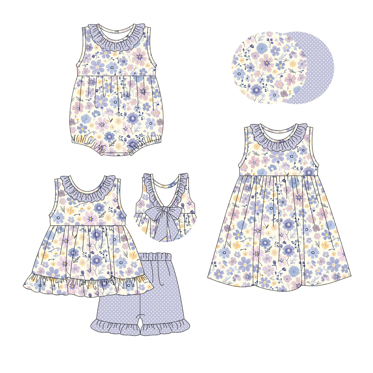 2.26 custom each style moq 5eta 4-6week Sibling Sisters floral baby girl short sleeve shorts sets and dress and rompers match family design