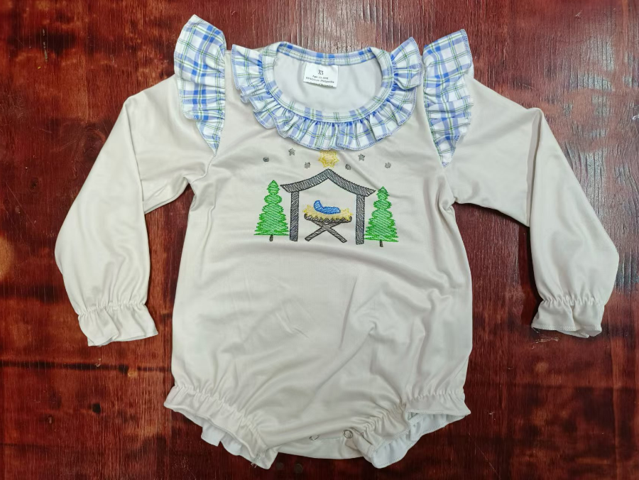 Custom moq 3 eta 6-7weeks Embroidered Christmas tree Blue plaid Flying sleeves Shoulder design White long-sleeved shorts Jumpsuit