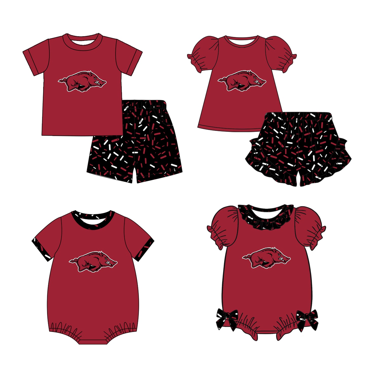Custom moq 5 mix size milk silk summer teams baby girl boys clothes dark red short sleeve shorts sets and rompers series