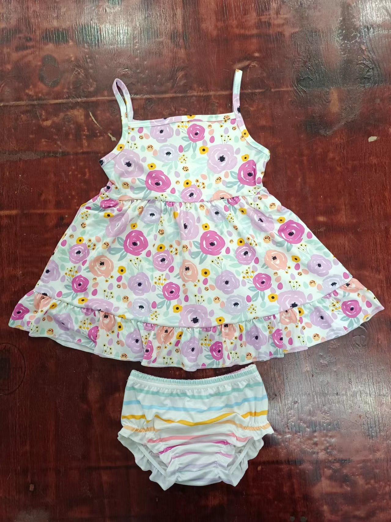 custom moq 5 eta 5weeks mix size baby girls clothes floral suspender strieped Thong Set