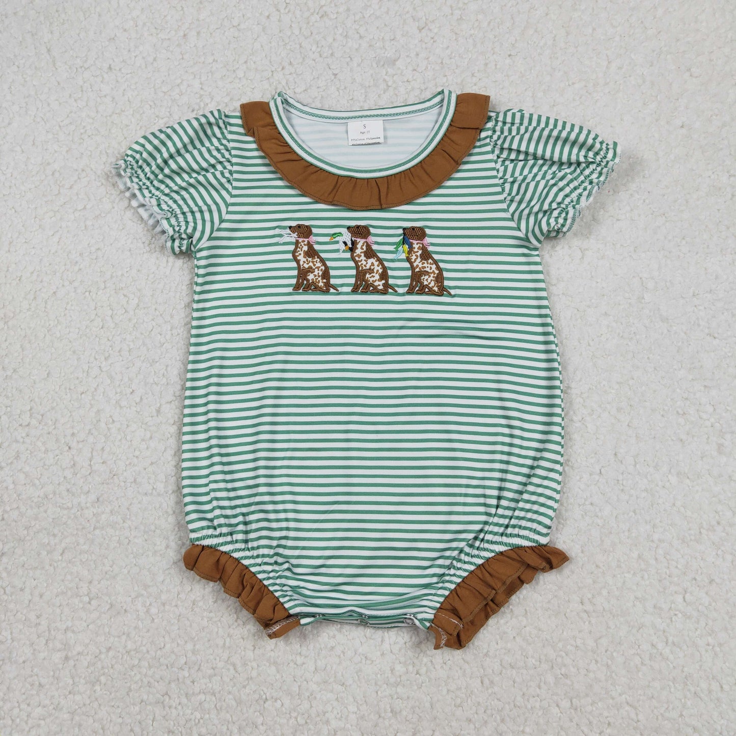 RTS NO MOQ(In Stock) Embroidery Dalmatian brown lace green striped short-sleeved jumpsuit