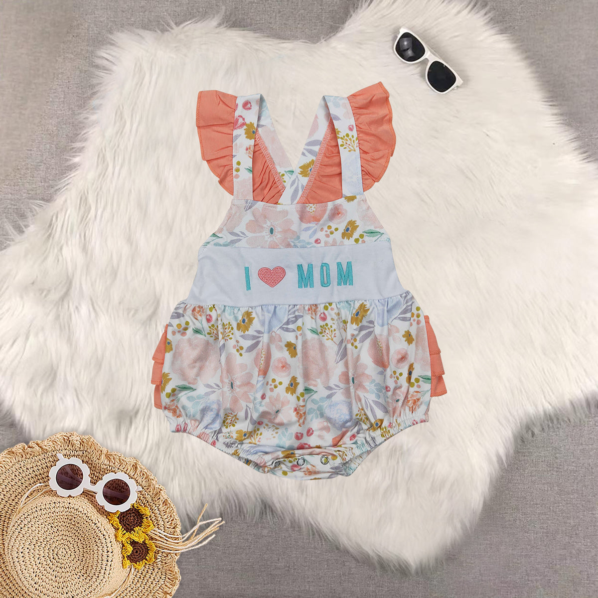 RTS NO MOQ baby girls clothes embroidery i love mom short sleeve Rompers Clothes Sets