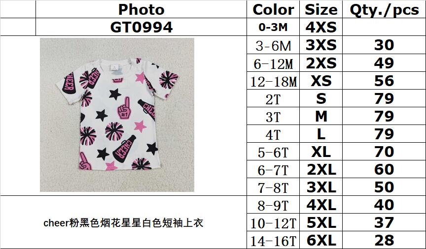 RTS NO MOQ GT0994 Cheer pink black fireworks star white short sleeve top