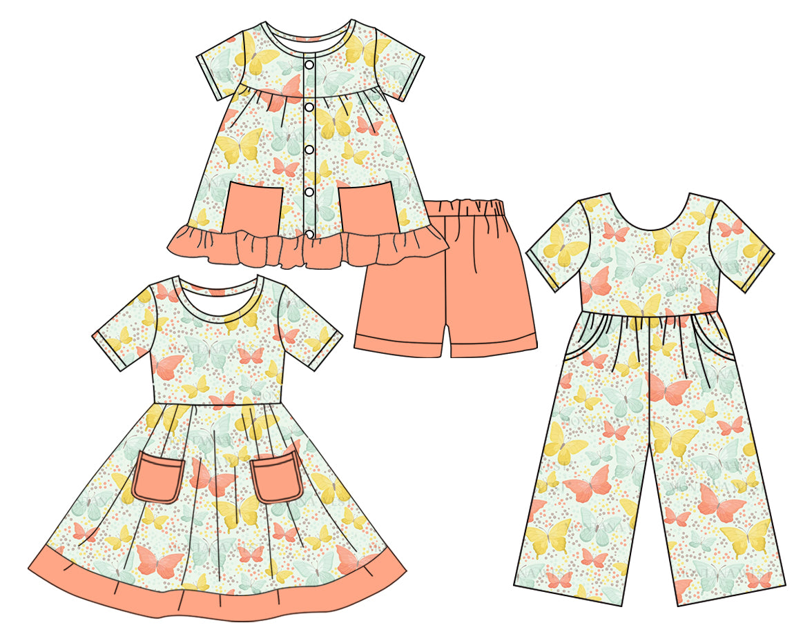 3.19 custom each style moq 5eta 4-6week Sibling Sister butterfly baby girl short sleeve shorts sets and dresses and jumpsuit match design