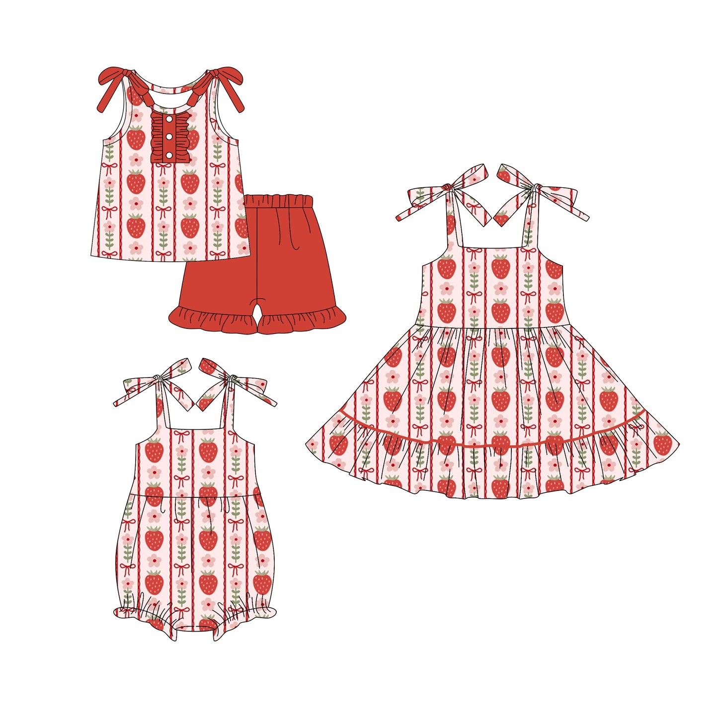 4.19 custom each style moq 5eta 4-6week Sibling Sisters strawberry bow floral baby girl short sleeve shorts sets and dress and rompers match family design