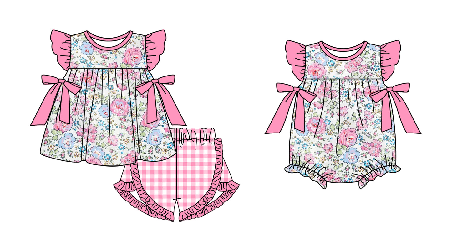 11.3 custom each style moq 5eta 4-6week Sibling Sister floral pink baby girl short sleeve shorts sets and rompers match design