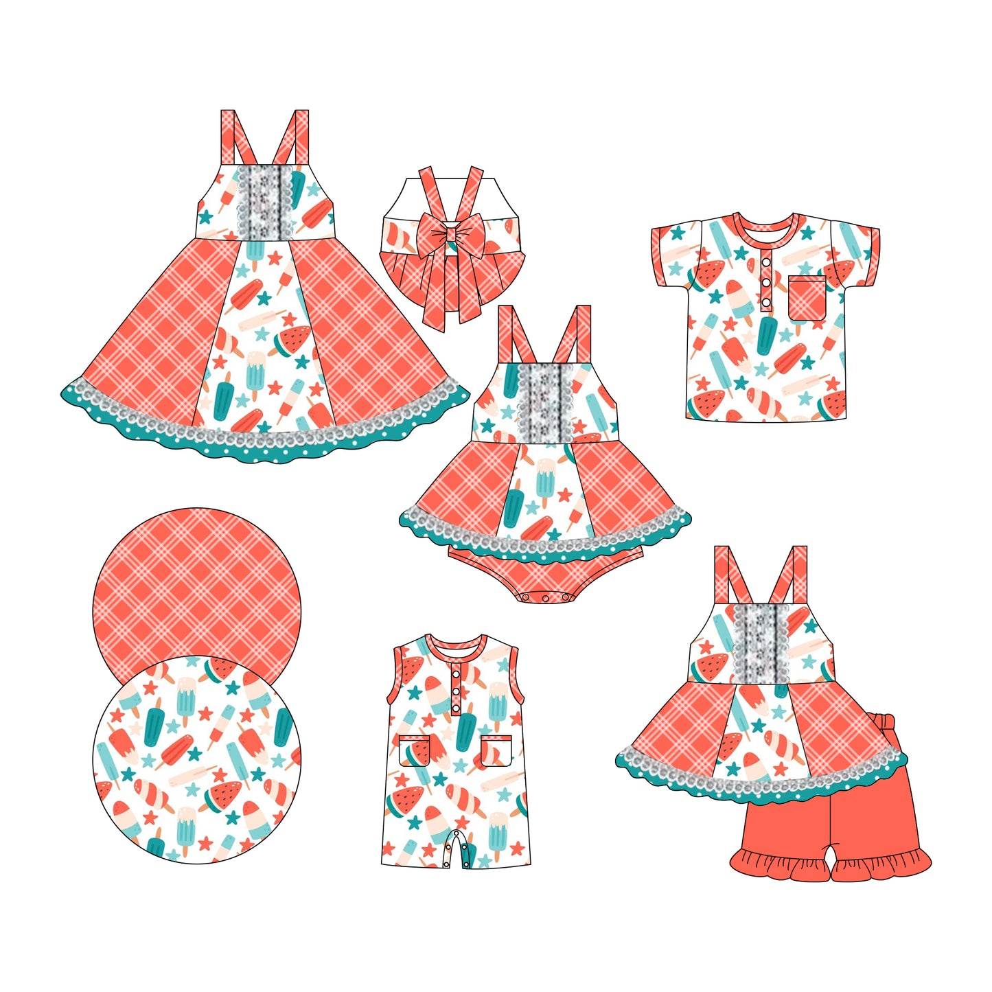 3.6 custom each style moq 5eta 4-6week Sibling Sisters ice cream baby girl short sleeve shorts sets and dress and rompers match family design
