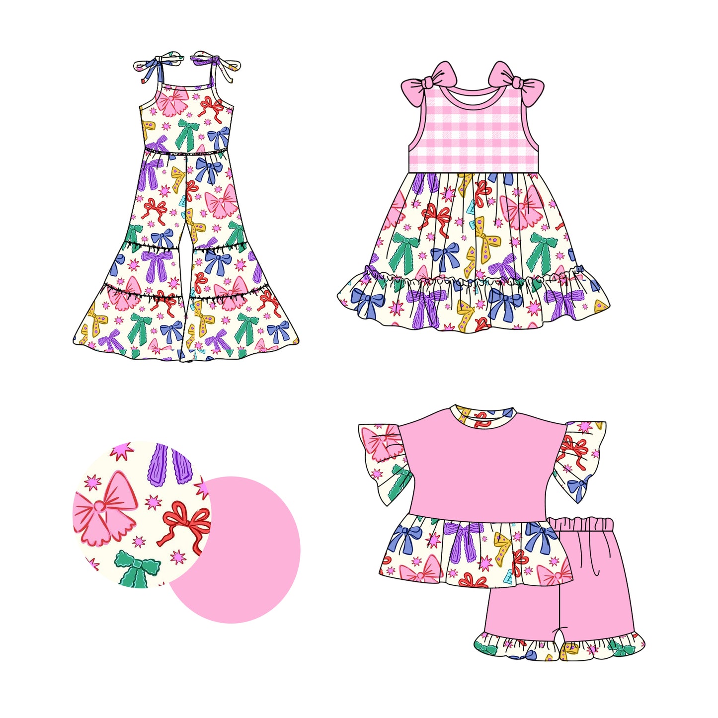 2.24 custom each style moq 5eta 4-6week Sibling Sister bow baby girl sets and dress and jumpsuit match family design