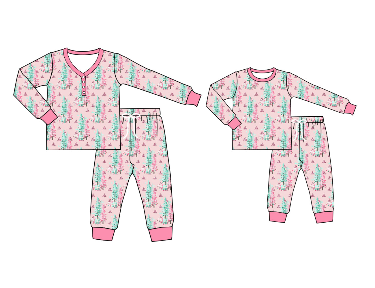 25.6.10 custom each style moq 5eta 4-6week Sibling Sister Christmas trees pink long sleeve pants sets and adult sets match design
