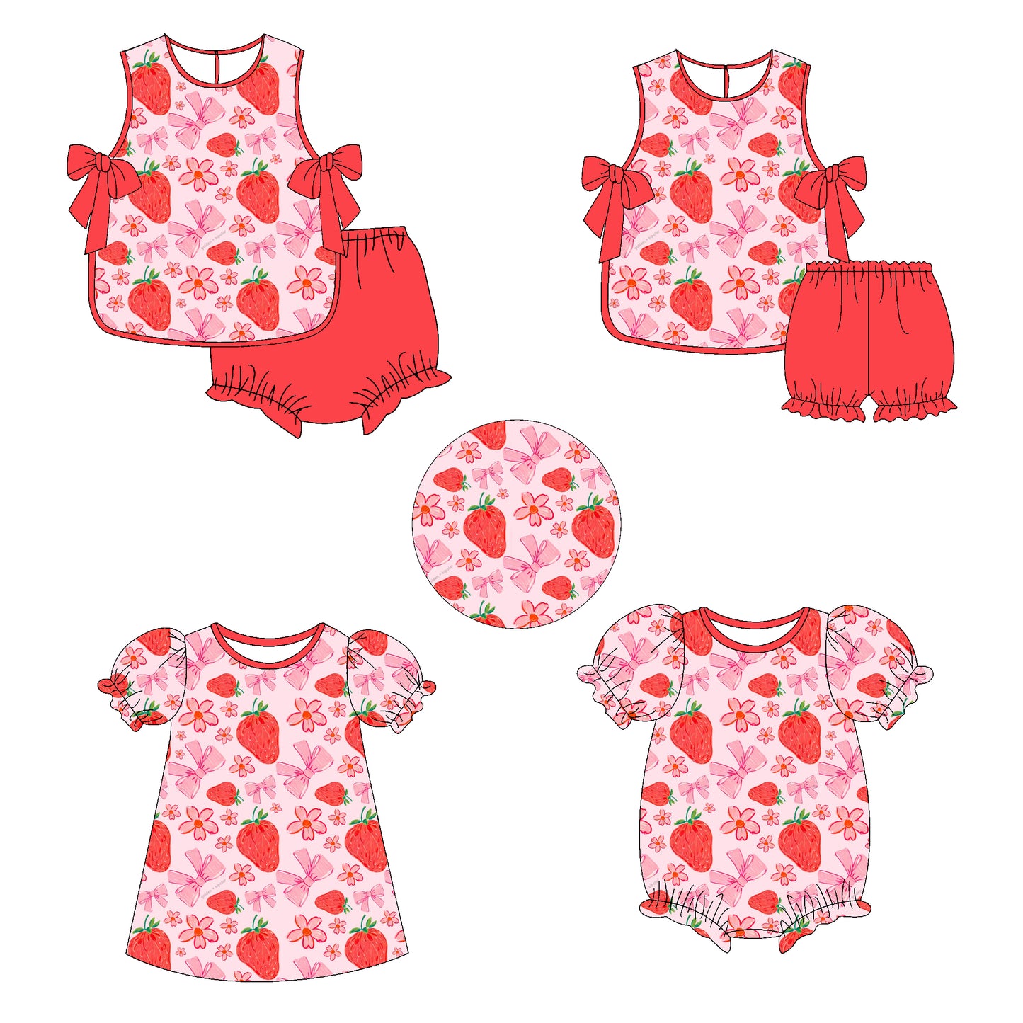 11.11 custom each style moq 5eta 4-6week Sibling Sister strawberry bowbaby girl short sleeve shorts sets and briefs sets 2 and girls romper and dress match design