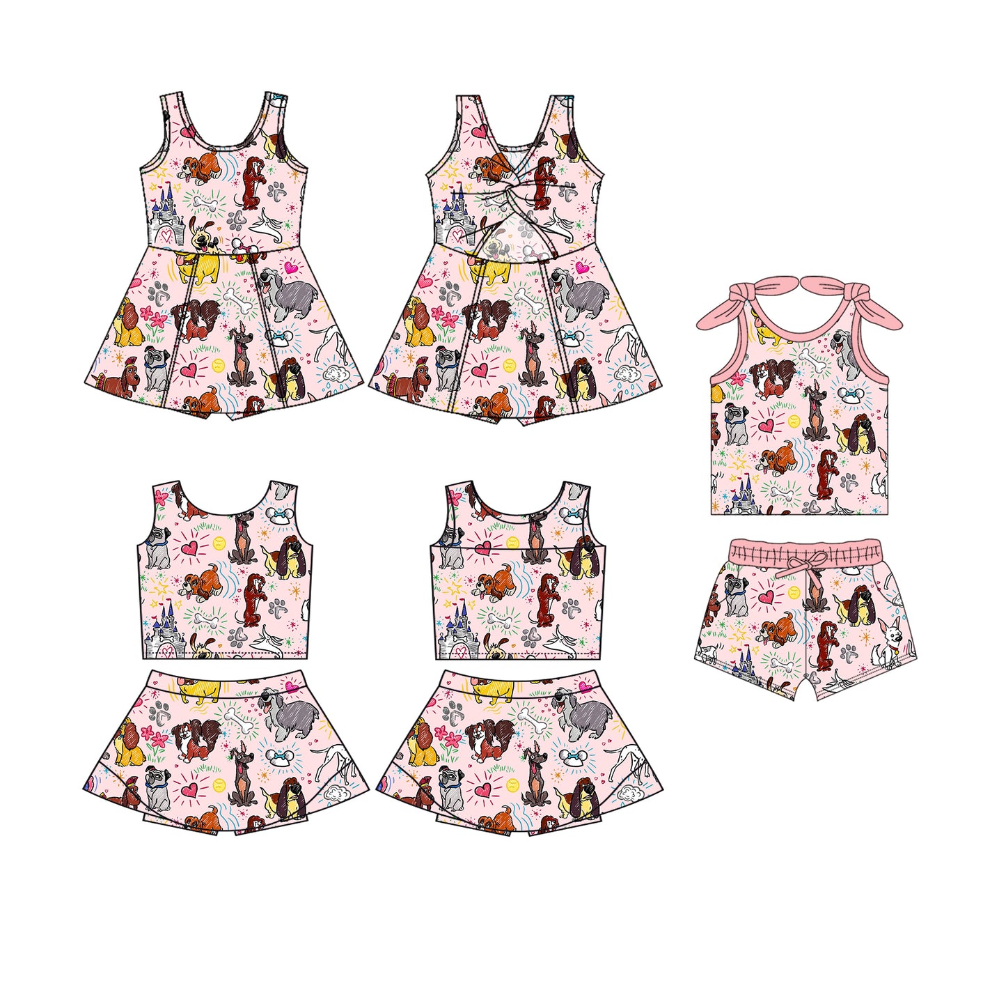 4.10 custom each style moq 5eta 4-6week Sibling Sister puppy baby girls clothes Short sleeve shorts sets and yoga dress 1 and dress 2 match family design