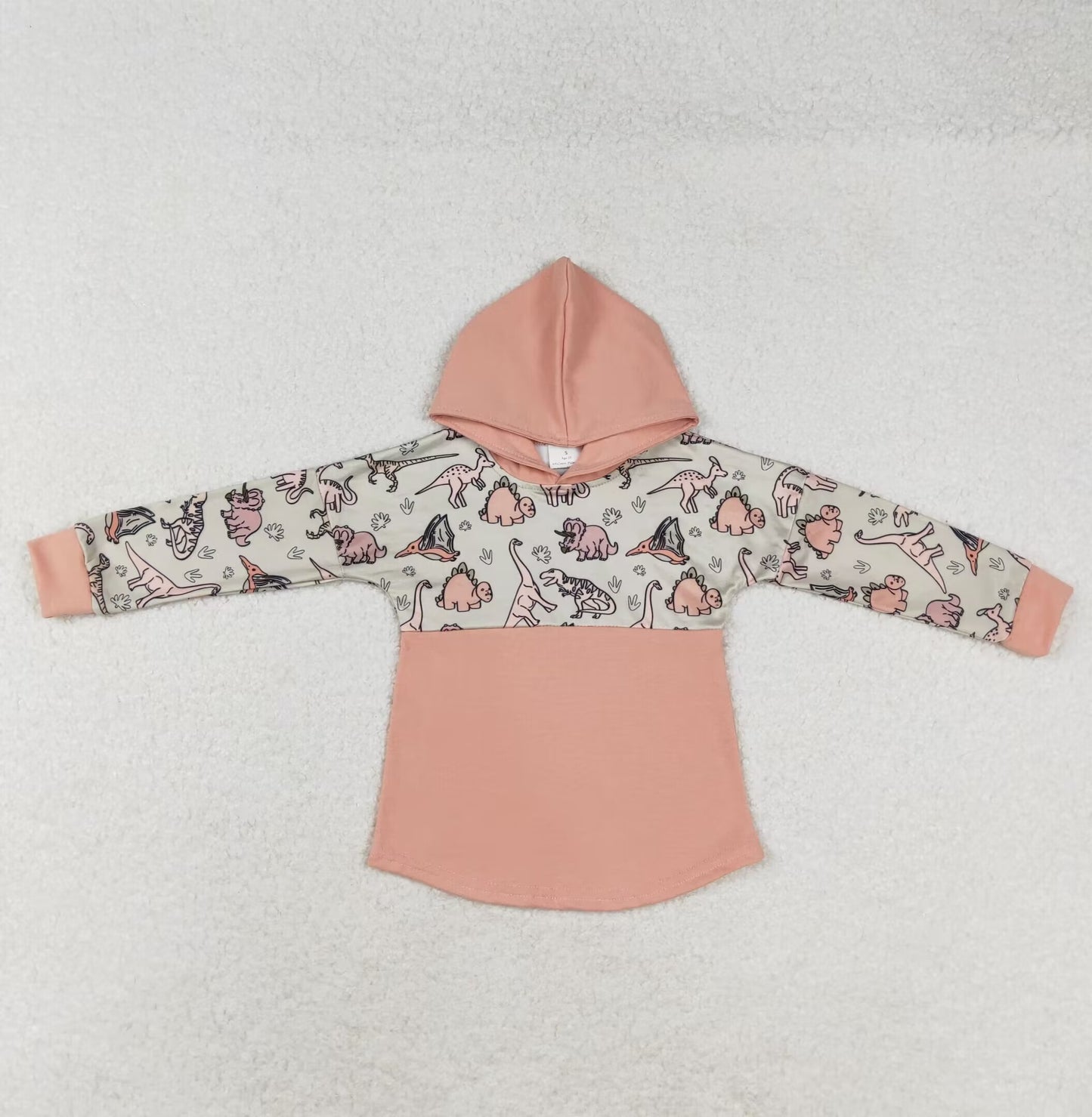 RTS NO MOQ(In Stock) BT0717 Dinosaur Brown Hooded Long Sleeve Top