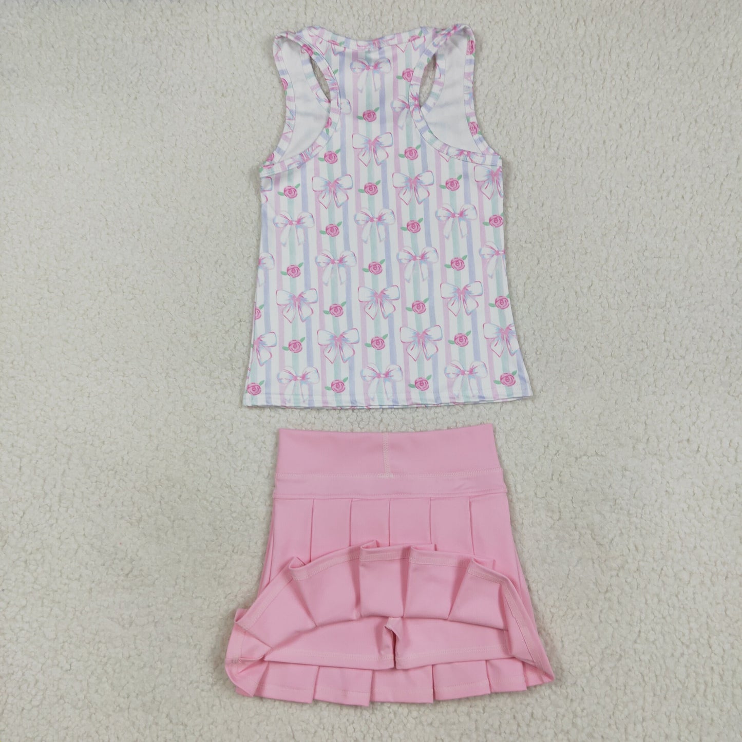 RTS NO MOQ GT1014+GLK0088 Floral and bow pattern colorful striped tank yoga top Solid light pink yoga skirt sets