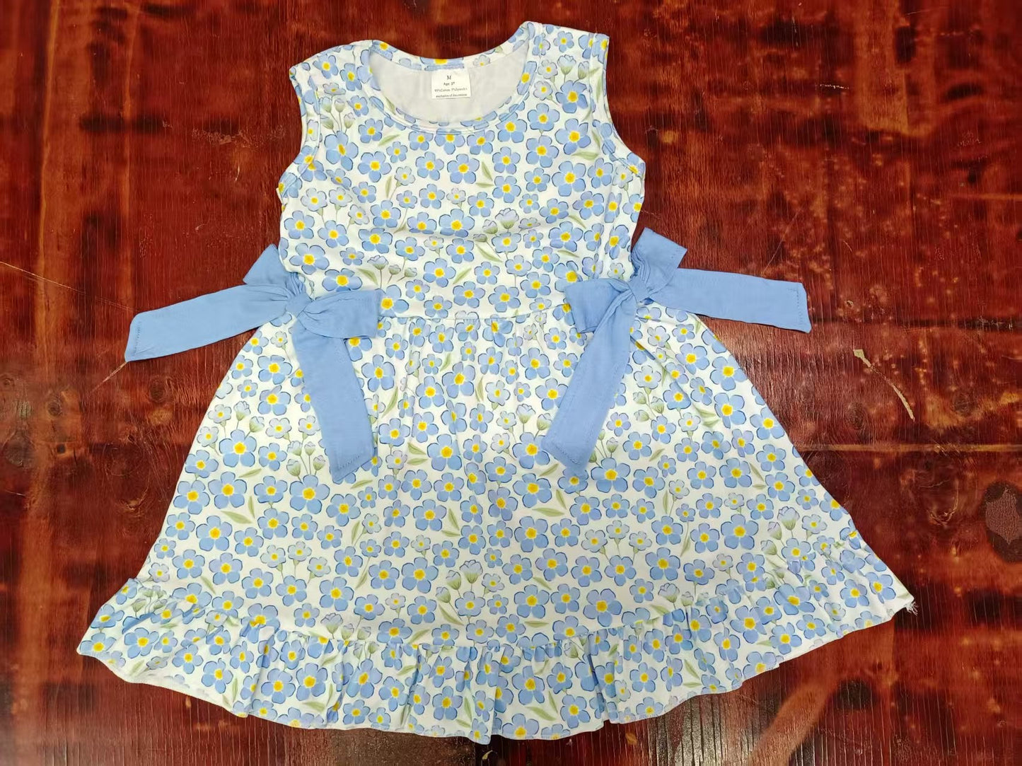 Custom moq 3 eta 6-7weeks baby girl clothes floral blue sleeveless dress-25.5.12