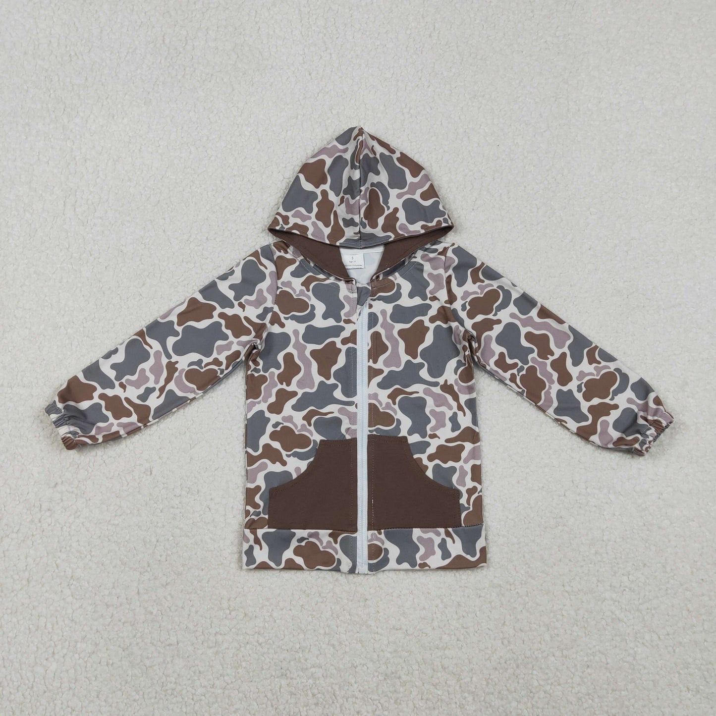 RTS NO MOQ(In Stock) BT1376 Camouflage Brown Pocket Hooded Zipper Long-Sleeved Top