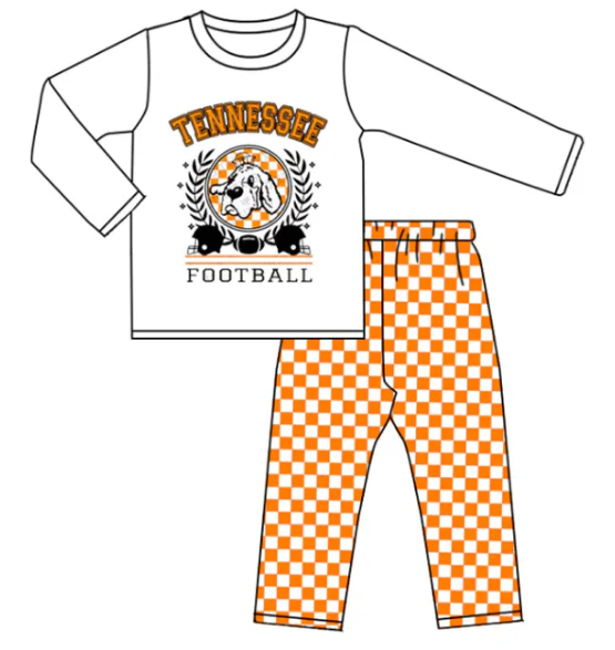 Deadline October 25 custom no moq eta 6-8weeks White long-sleeved top with leaf and dog head pattern & orange plaid trousers set