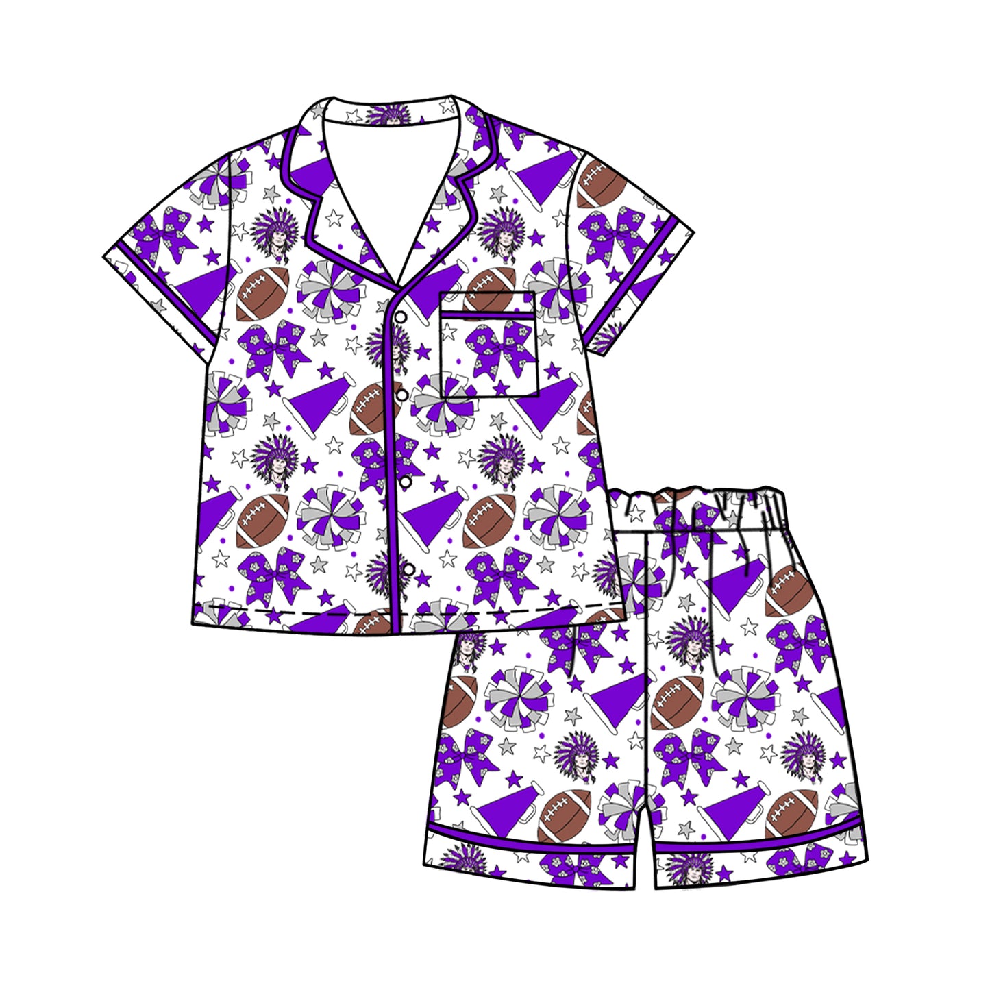 Custom moq 5 mix size milk silk summer teams Baby Girls Purple Stars Bows Button Pocket Top Short Pajamas Sets Cute Infant Sleepwear