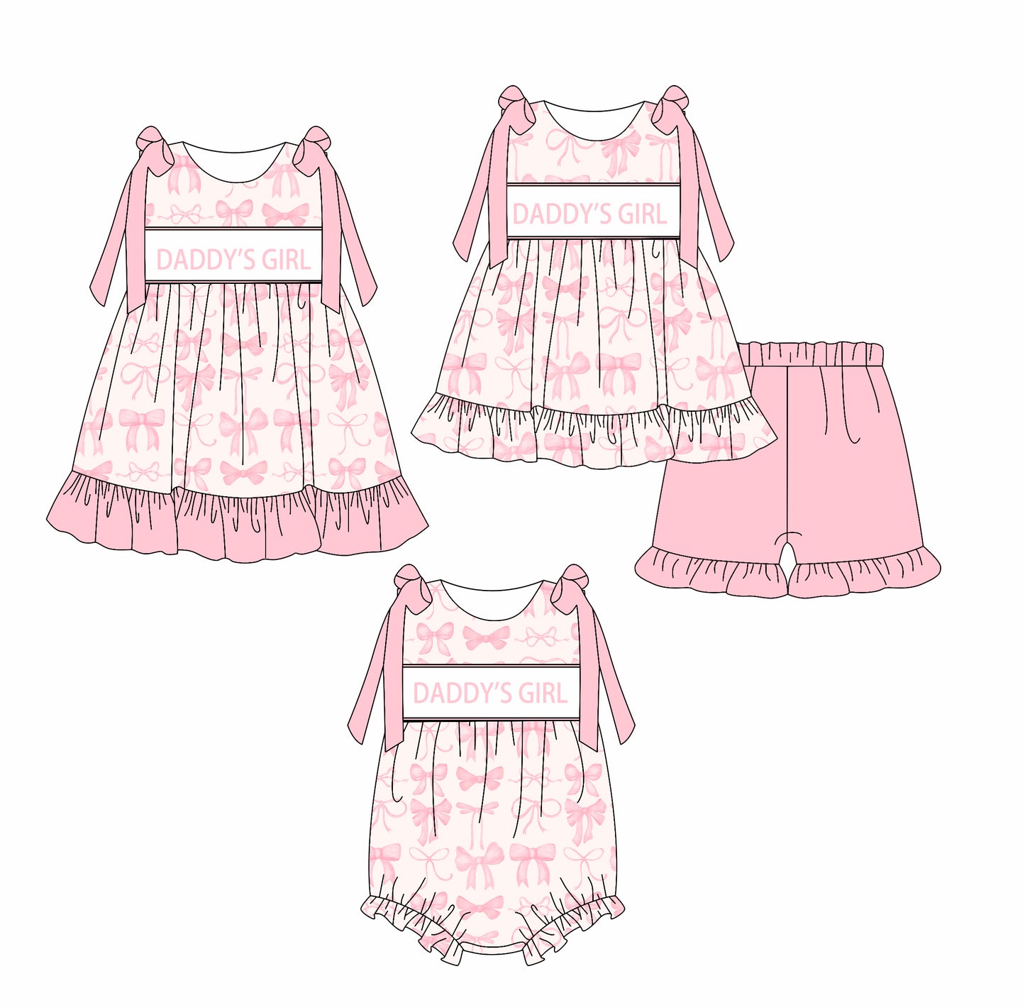2.18 custom each style moq 5eta 4-6week Sibling Sisters DADDY GIRL bow baby girl short sleeve shorts sets and dress and rompers match family design