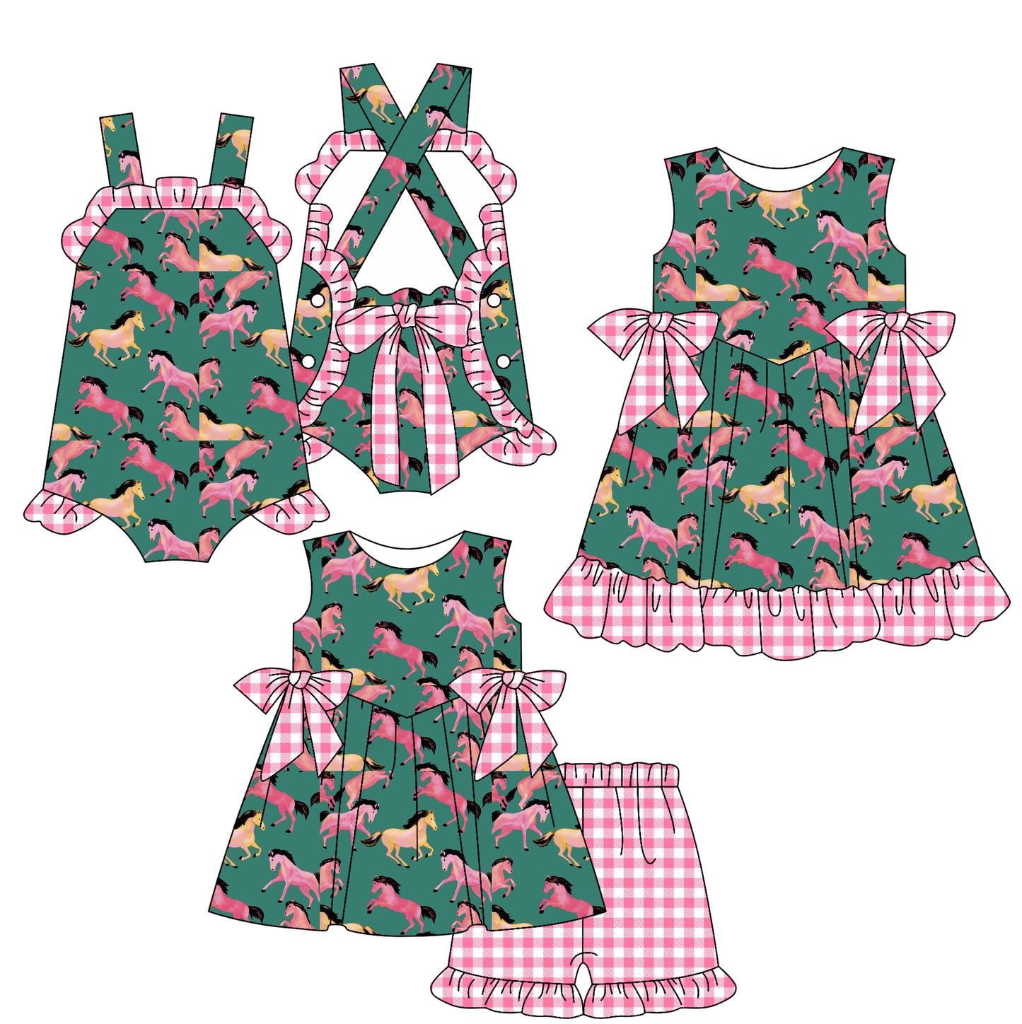 2.15 custom each style moq 5eta 4-6week Sibling Sisters horse baby girl short sleeve shorts sets and dress and rompers match family design