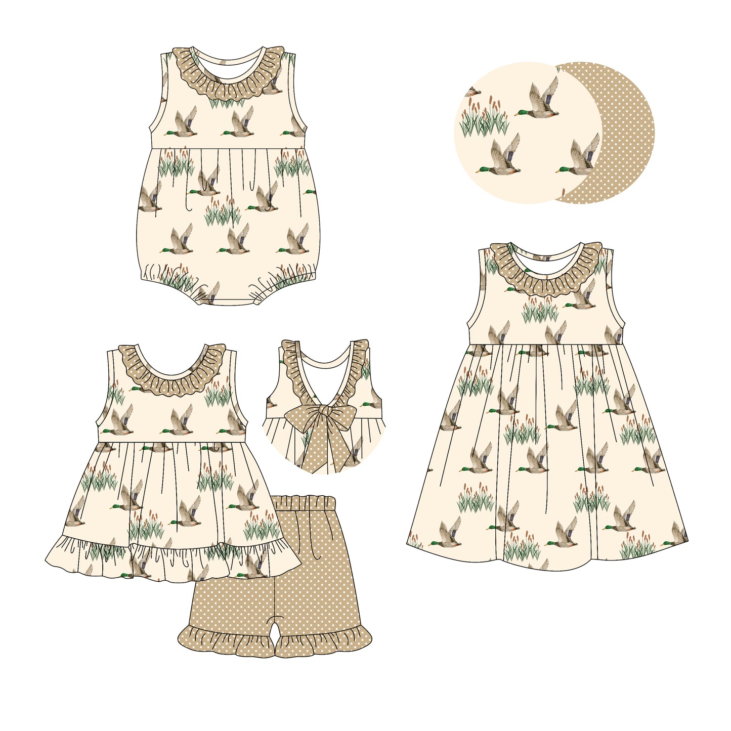 2.26 custom each style moq 5eta 4-6week Sibling Sisters duck baby girl short sleeve shorts sets and dress and rompers match family design