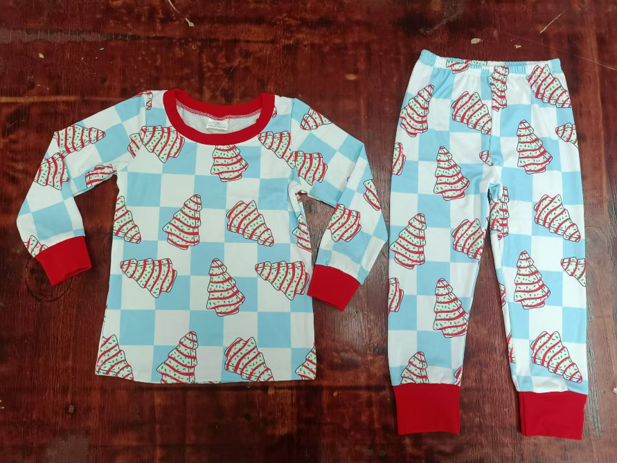 Custom moq 3 eta 6-7weeks Wooden striped Christmas tree pattern blue and white plaid long sleeve suit