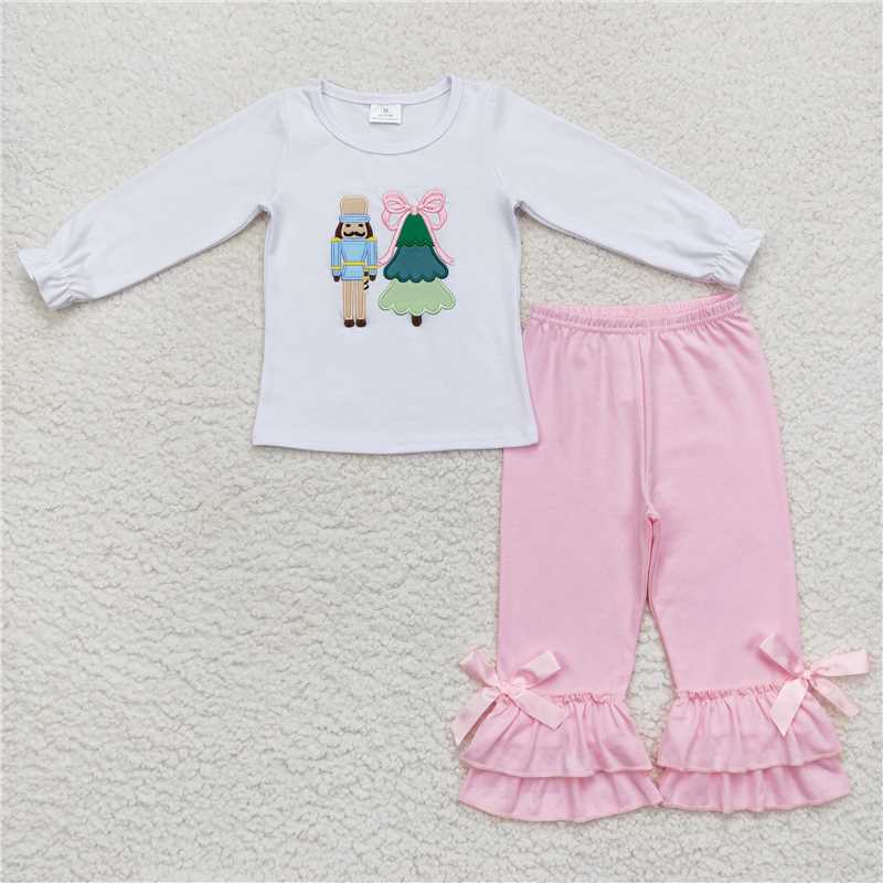 RTS NO MOQ(In Stock) GLP0597 Embroidered Christmas Long Sleeve Pants Set