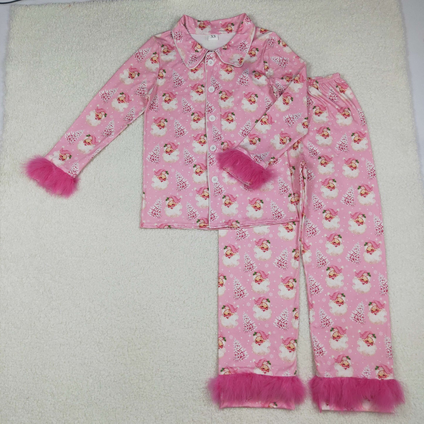RTS NO MOQ(In Stock) GLP2718 Adult Women's Santa Claus Tree Snowflake Plush Trim Pink Long-Sleeved Pants Set