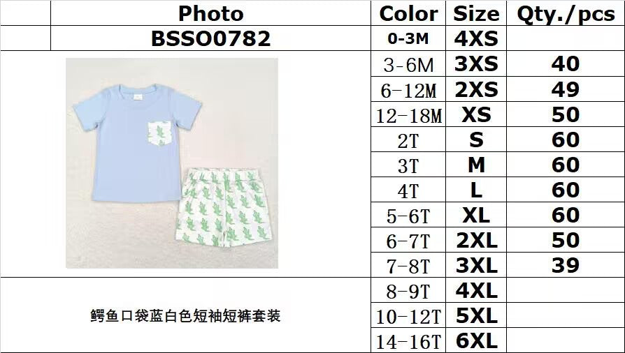 BSSO0782 Croc Pocket Blue and White Short Sleeve Shorts Set