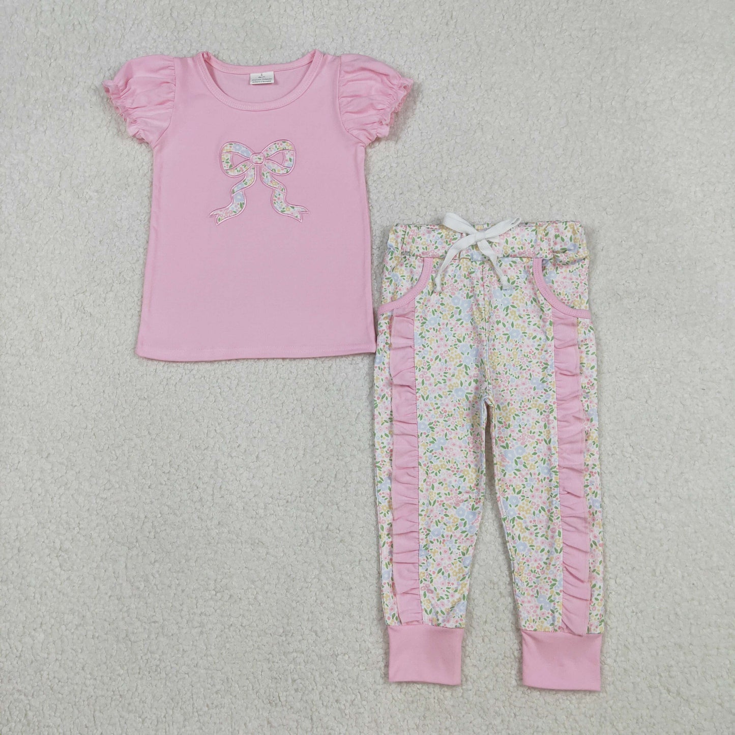 RTS NO MOQ(In Stock) Embroidered Floral Bow Pattern Pink Short-Sleeve Pants Set