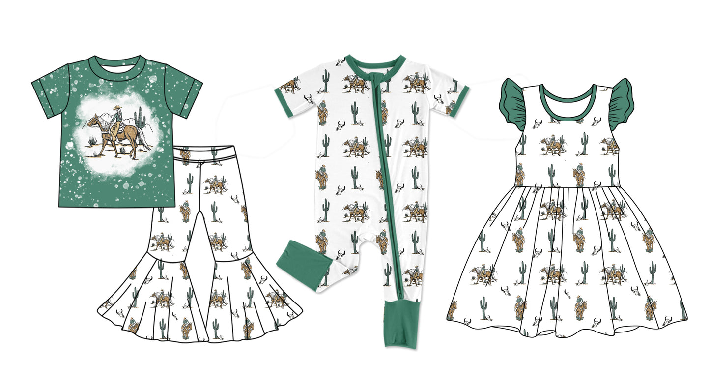12.19 custom each style moq 5eta 4-6week Sibling Sister riding horse catcus baby girl sets and dress and rompers match family design
