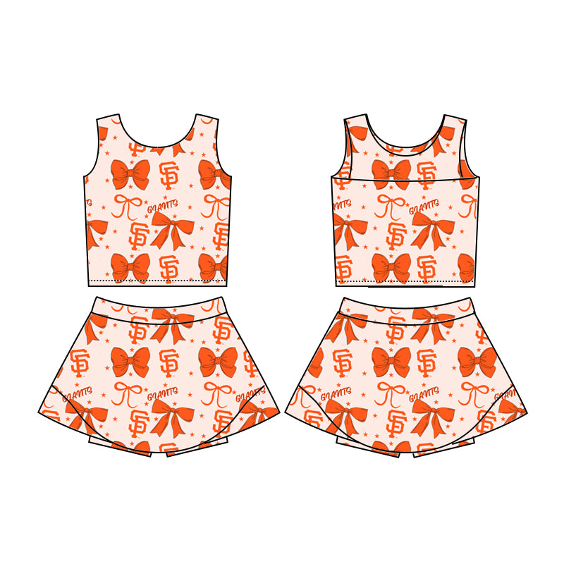 Custom moq 5 mix sizes summer teams baby girls clothes team bow orange sleeveless skirts shorts sets-25.6.20